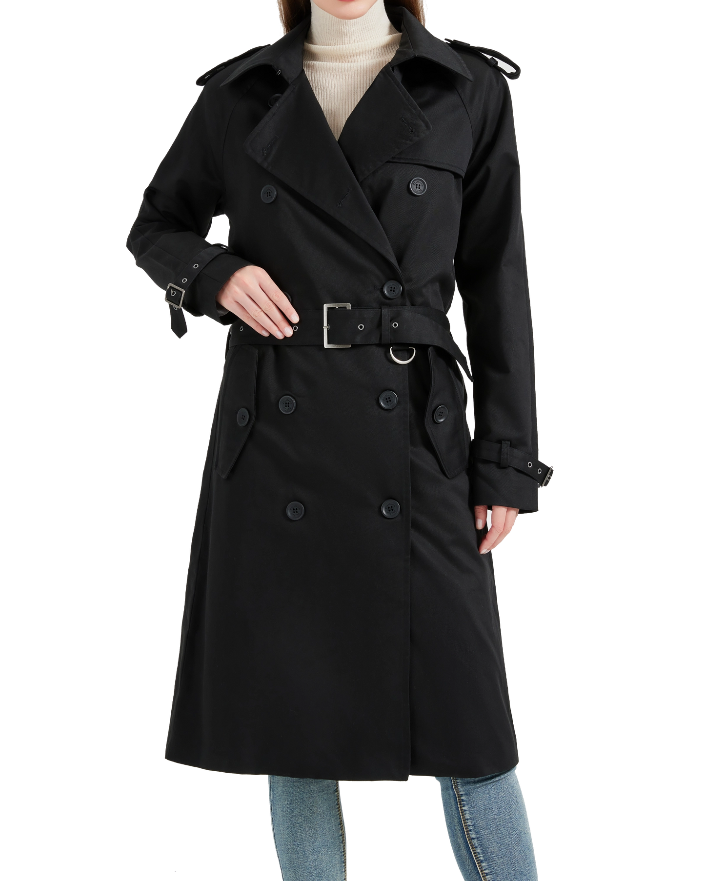 Women's Traditional Black Double Breasted Trench Coat