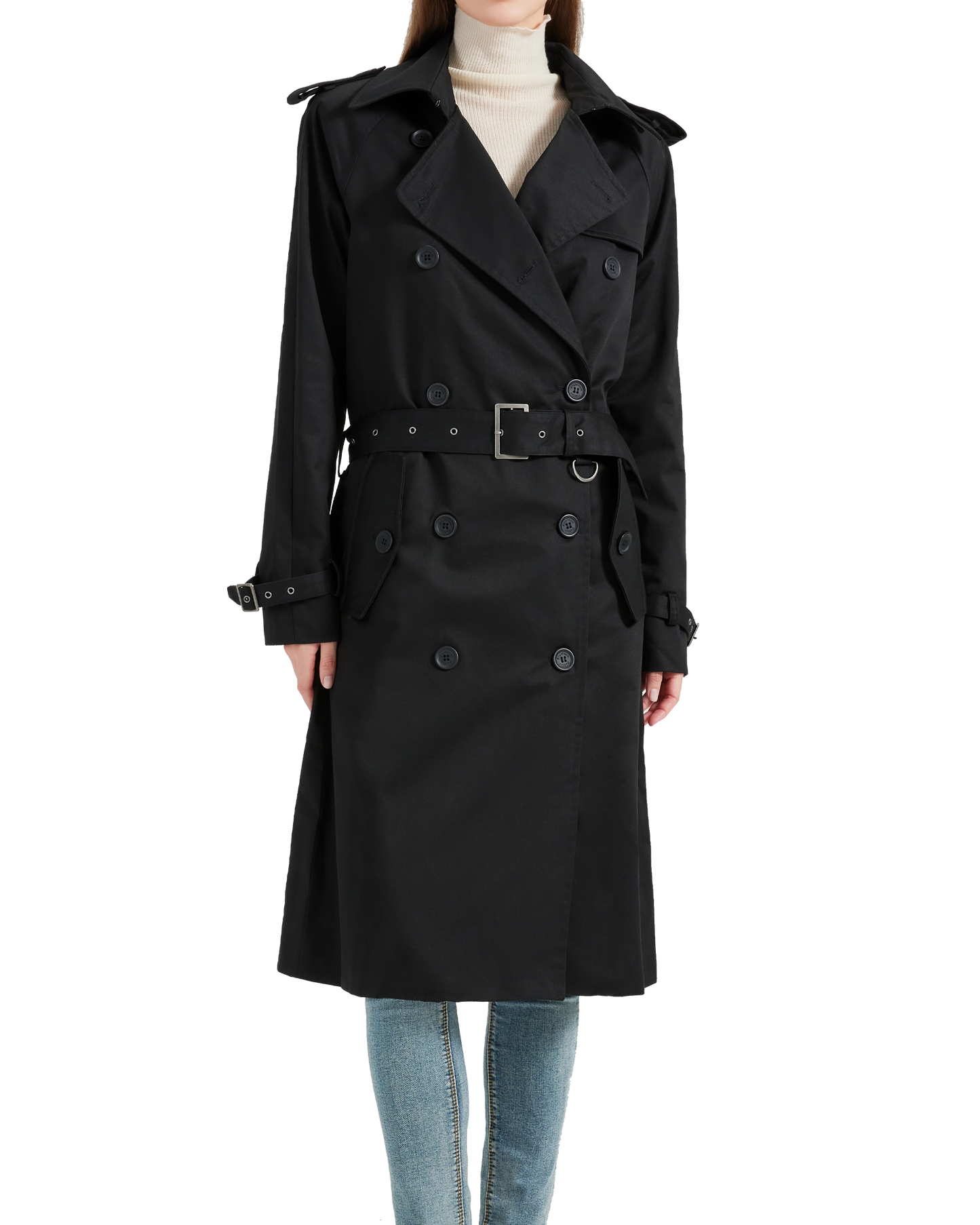 Women's Traditional Black Double Breasted Trench Coat