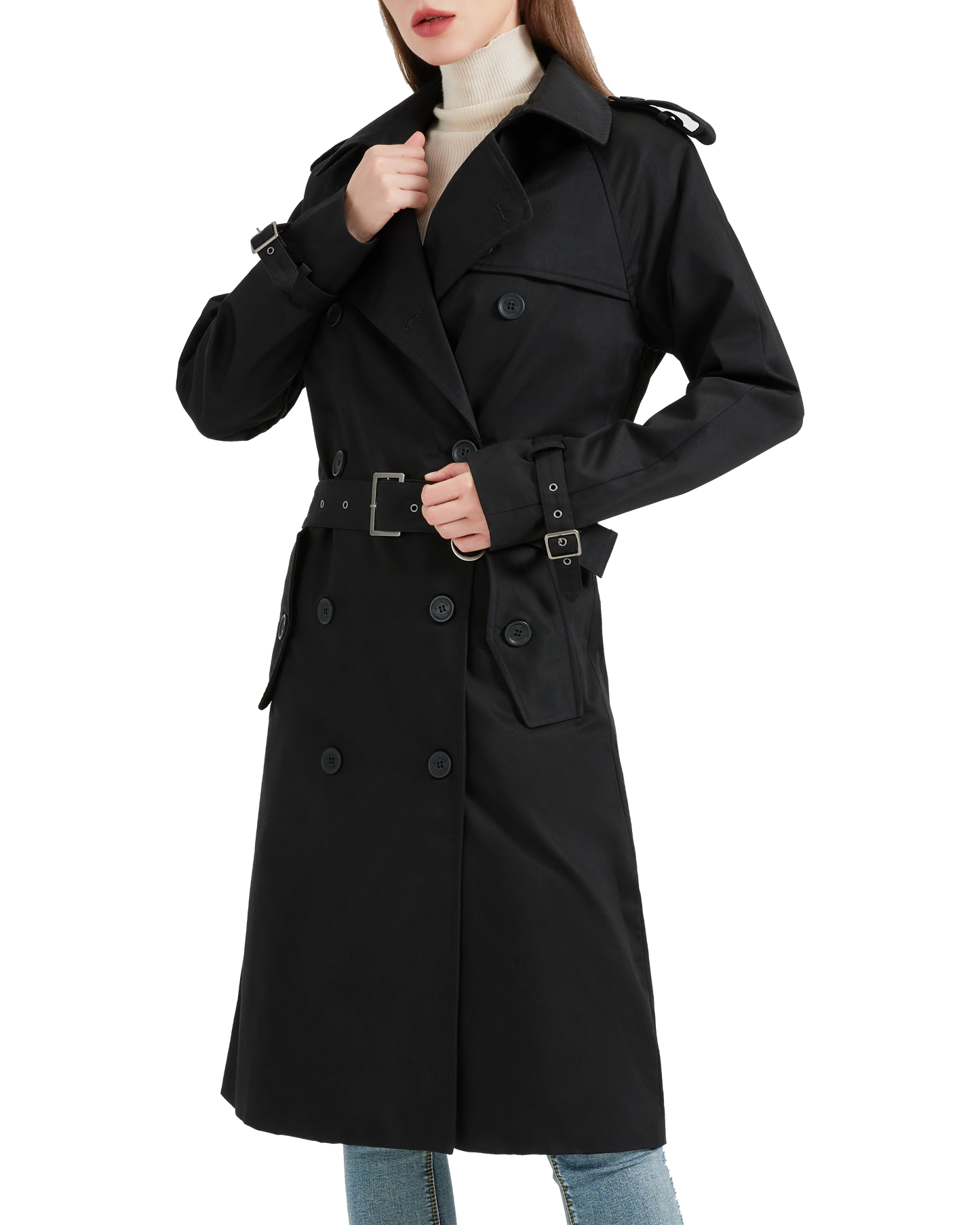 Women's Traditional Black Double Breasted Trench Coat
