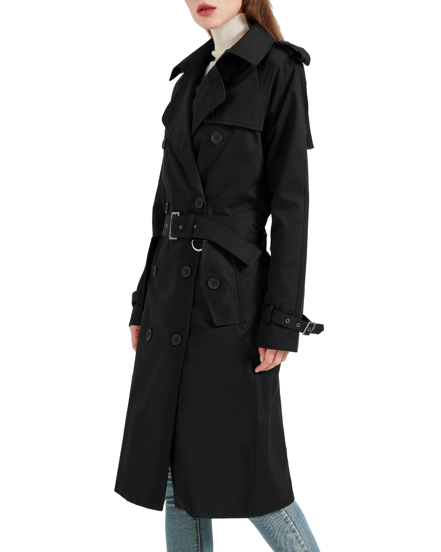 Women's Traditional Black Double Breasted Trench Coat