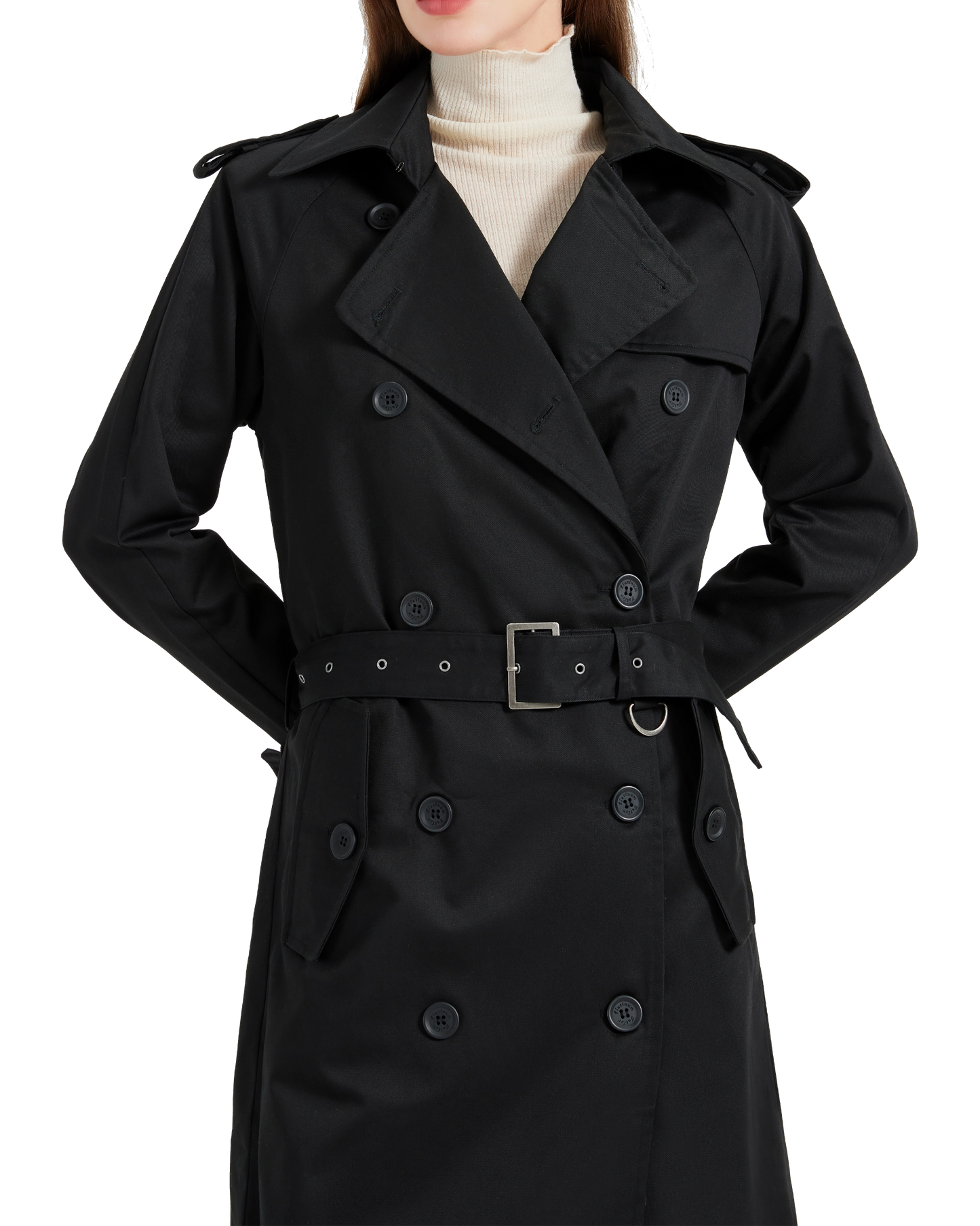 Women's Traditional Black Double Breasted Trench Coat