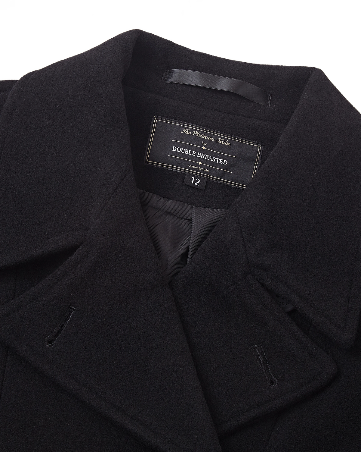 Back view of the full length black double breasted wool overcoat