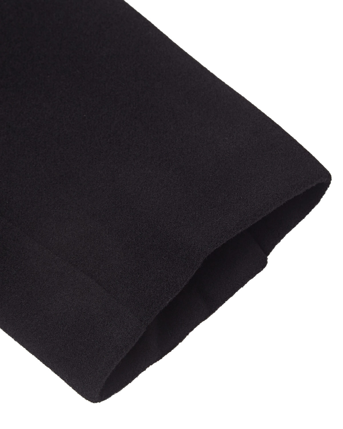 Detail of the welt pocket and wool cloth on the black overcoat