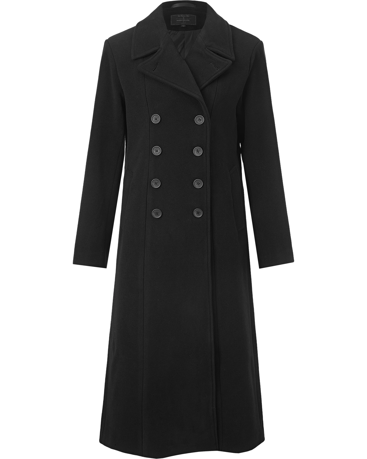 Flat front view of the black double breasted wool overcoat, buttoned to the neck