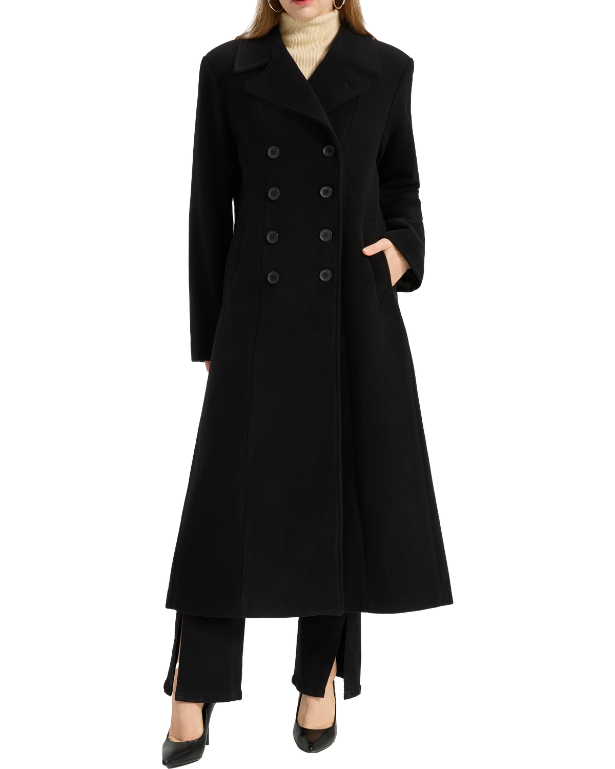 Model wearing the women's full length black double breasted wool overcoat - The Platinum Tailor