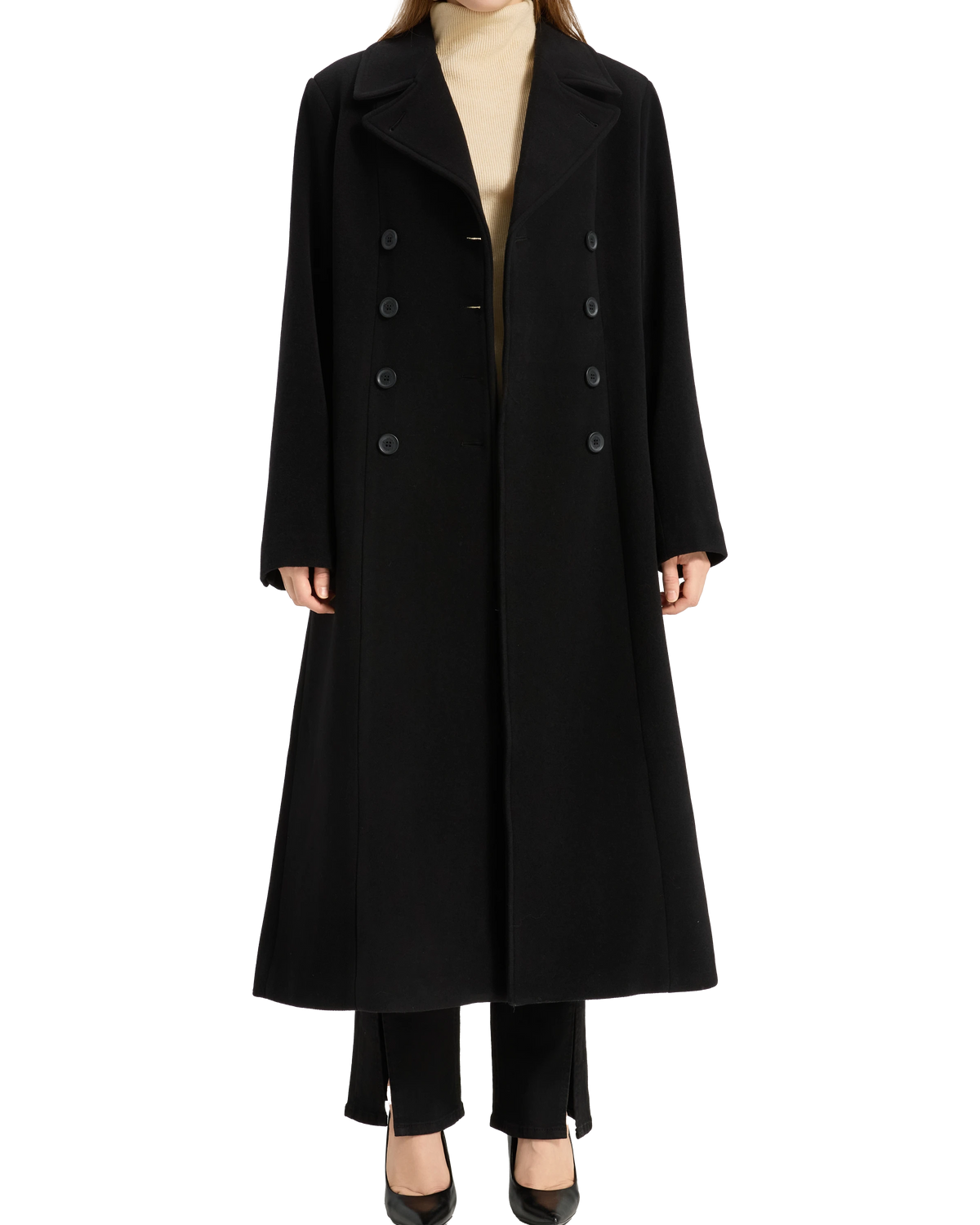 Full length front view of the black double breasted overcoat worn open over black trousers