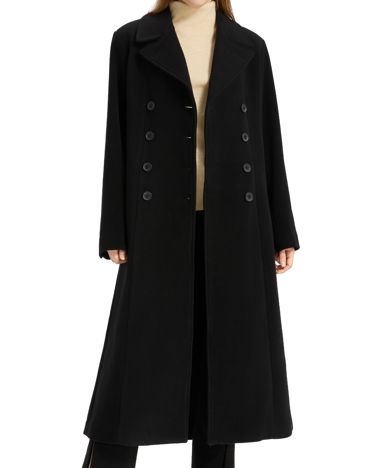 Model wearing the floor length black wool overcoat open, showing the full sweep