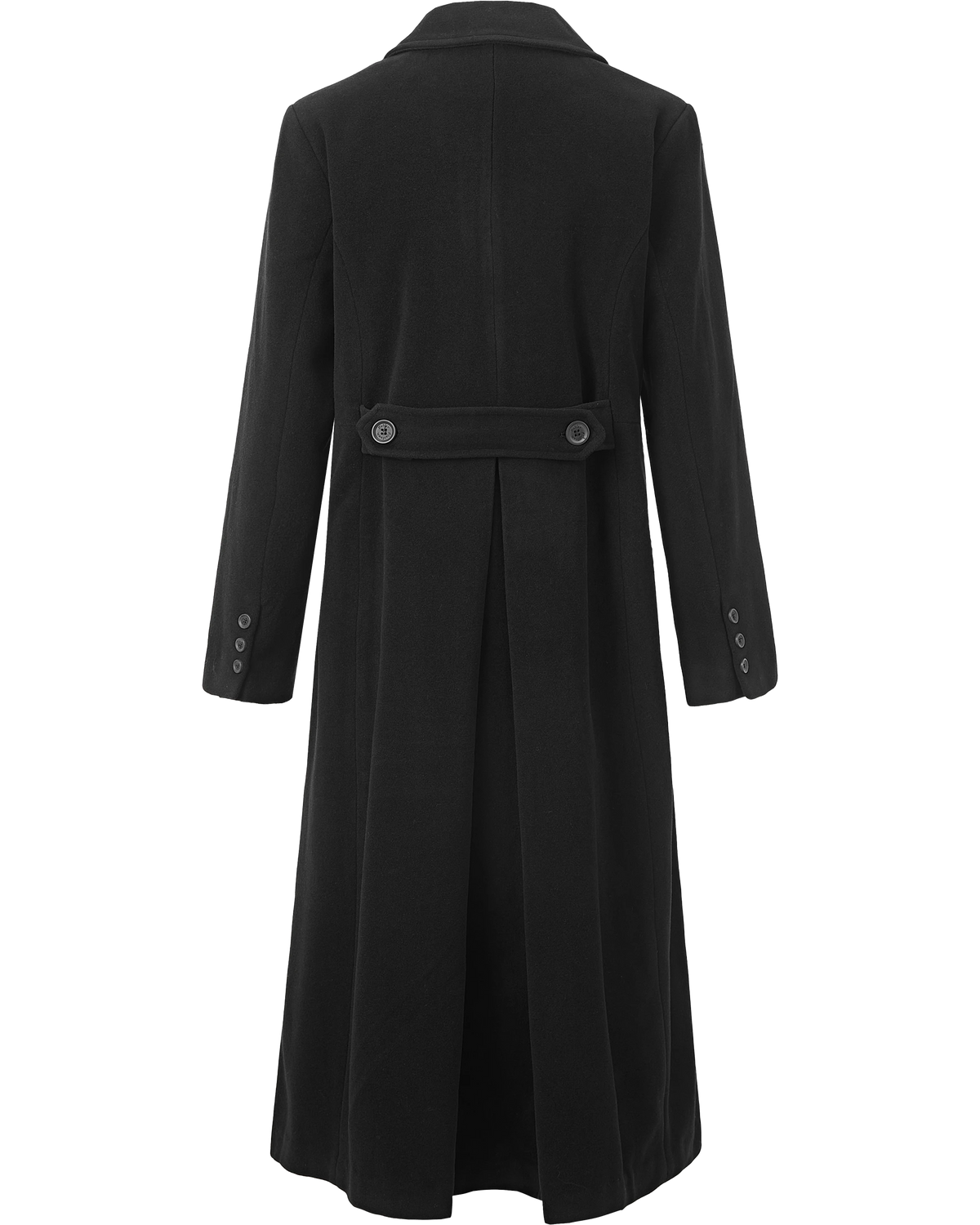 Side view of the full length black wool overcoat showing the sweeping hem