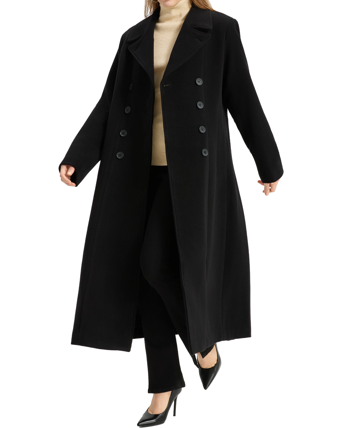 Model wearing the long black wool overcoat open over a cream roll-neck