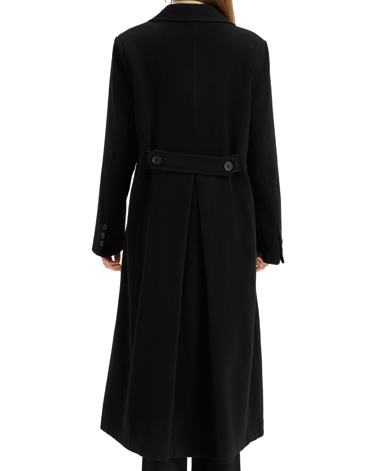 Model holding the long black overcoat open to show the satin lining