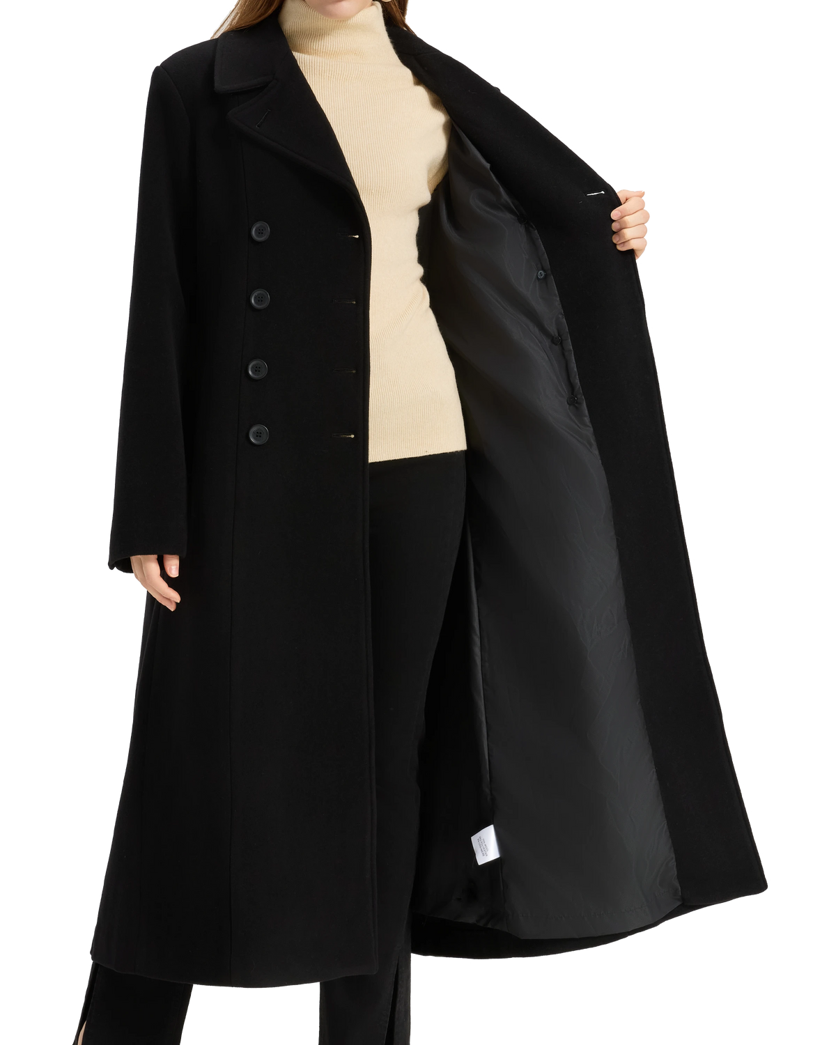 Flat back view of the black wool overcoat showing the half belt and centre pleat