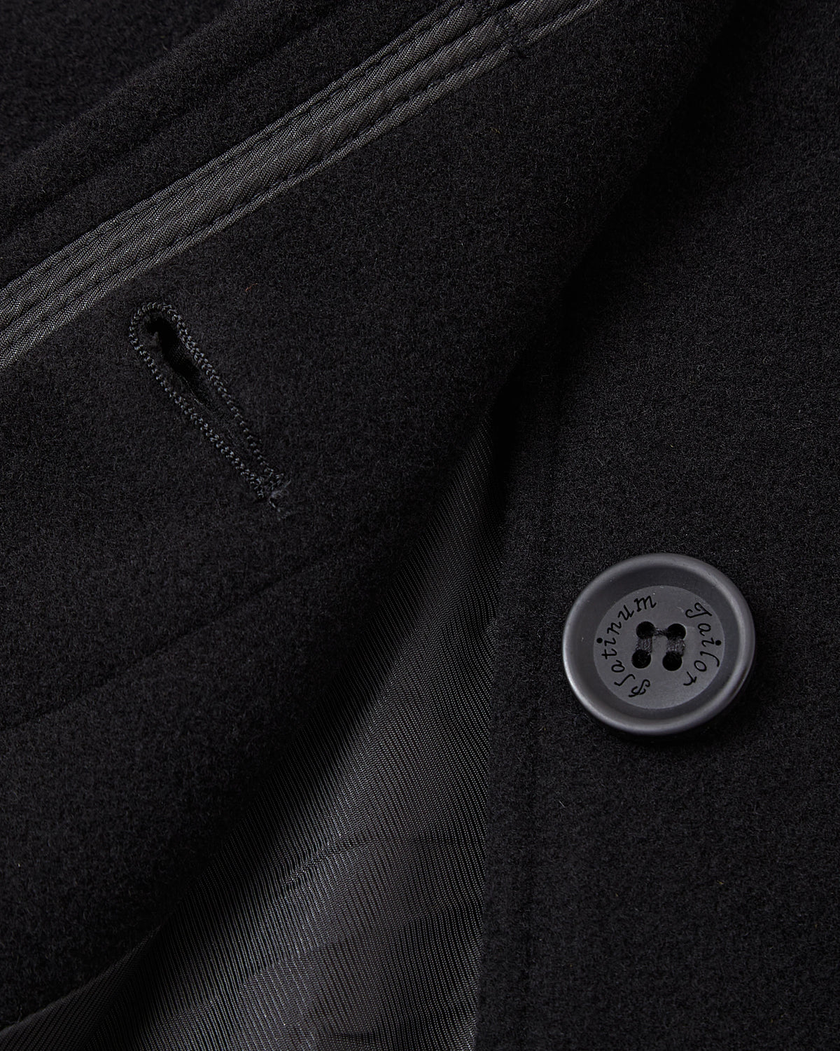 Detail of the concealed placket and dark button on the black overcoat