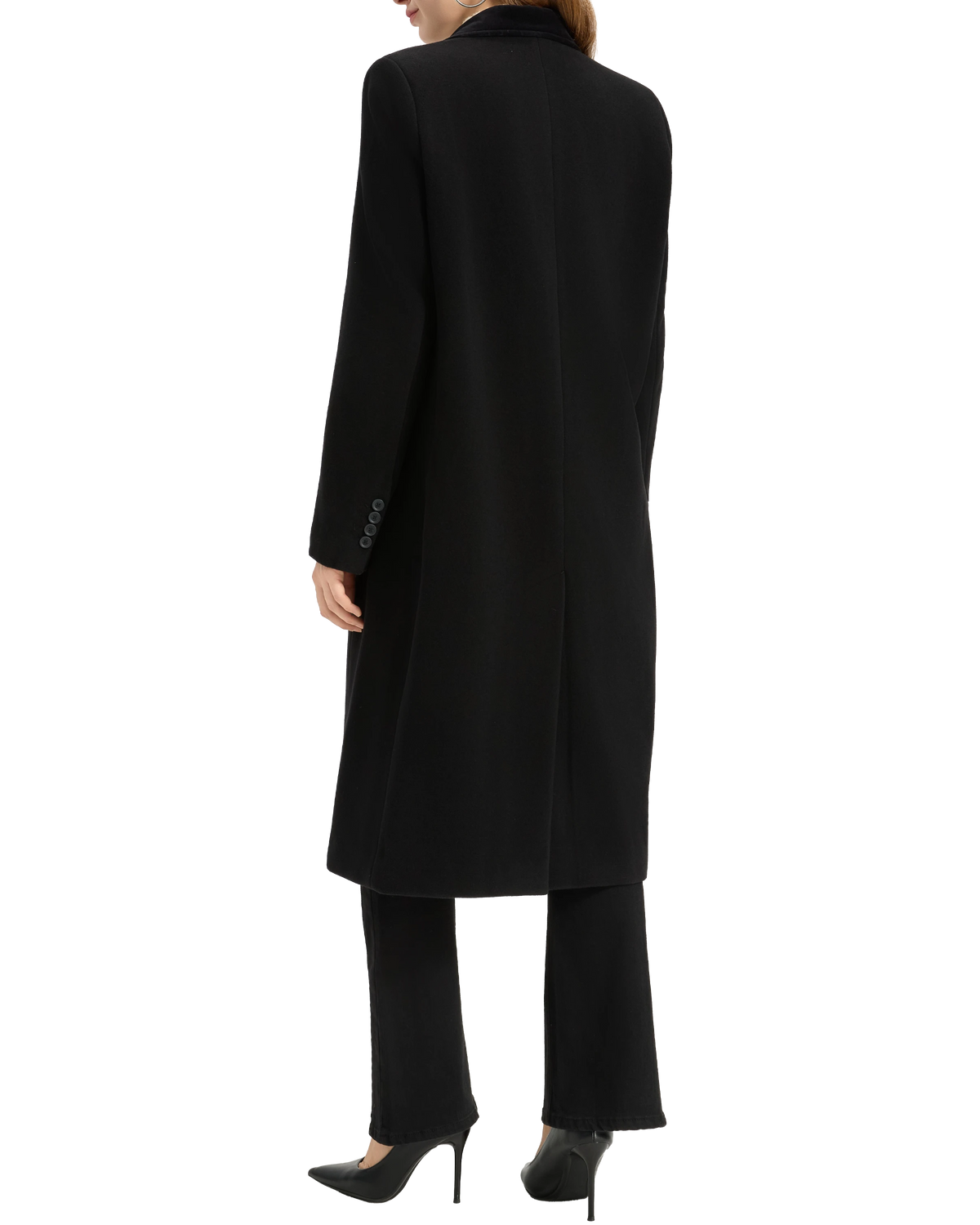 Back view of the women's black covert overcoat showing the clean shoulder line