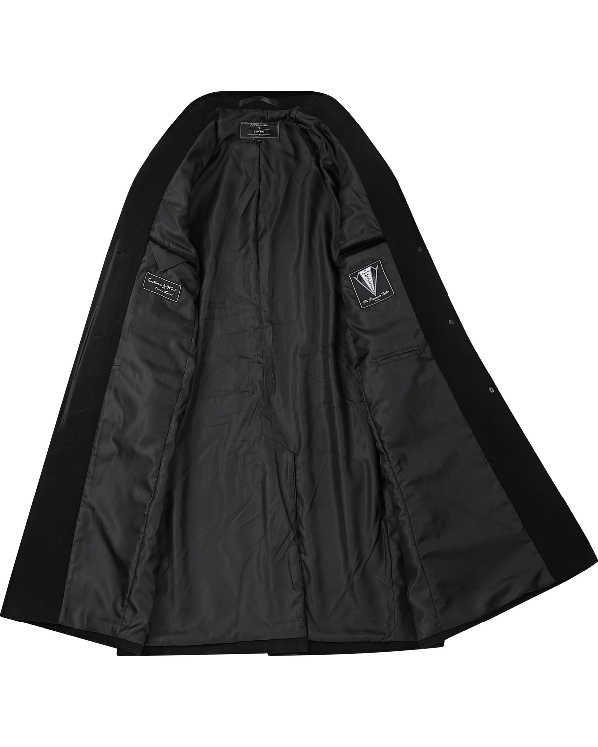 Interior of the covert overcoat showing the full black satin lining