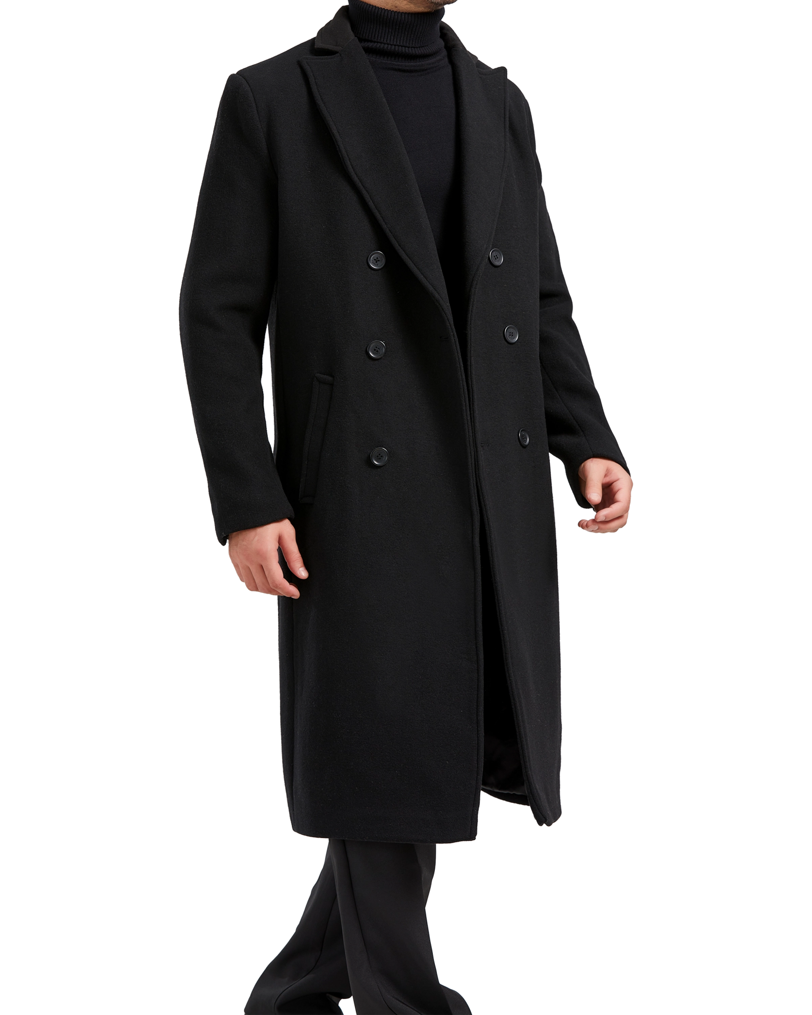 Black Double Breasted Wool Cashmere Long Overcoat - The Platinum Tailor