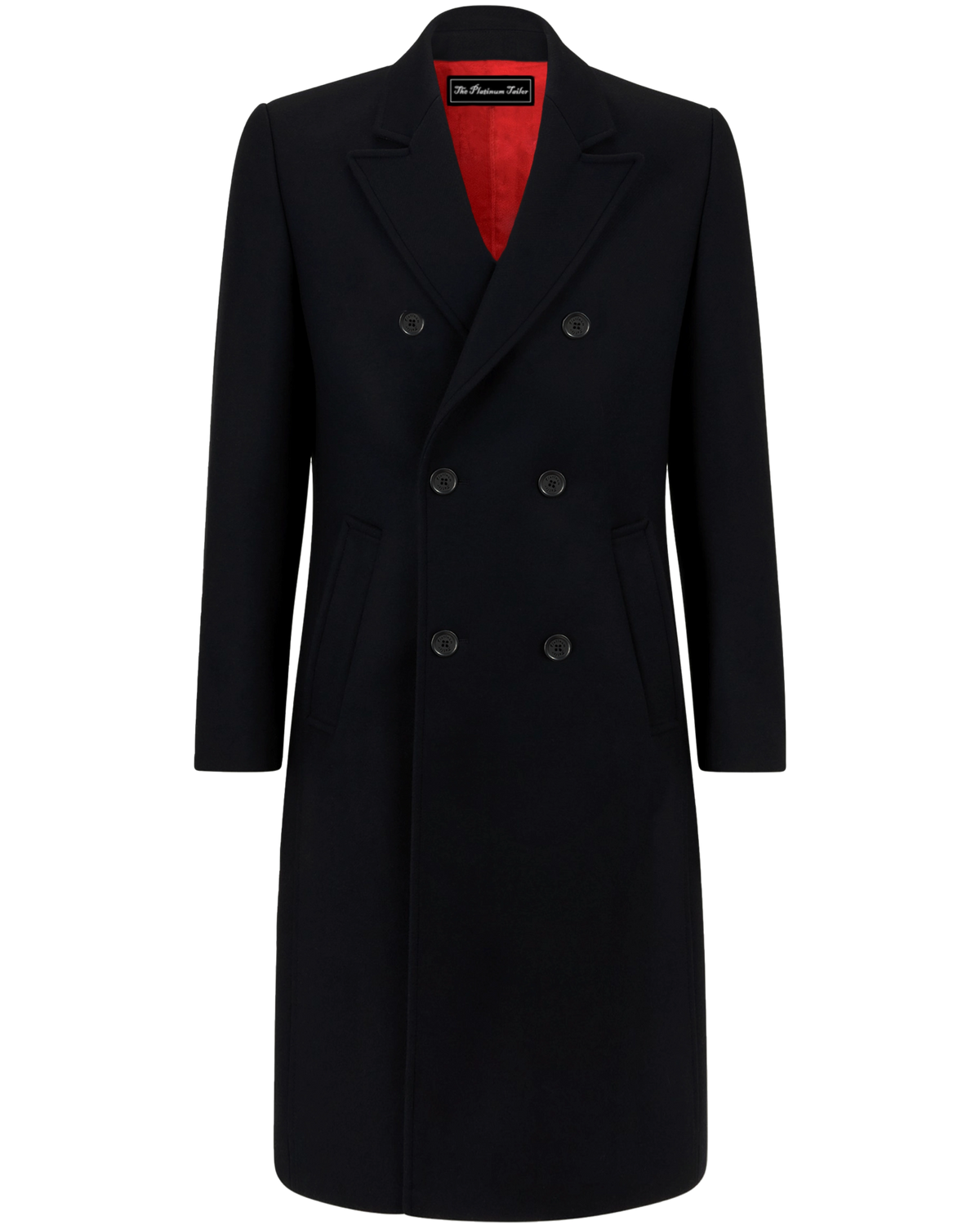Black Double Breasted Wool Cashmere Long Overcoat Red Lining - The Platinum Tailor