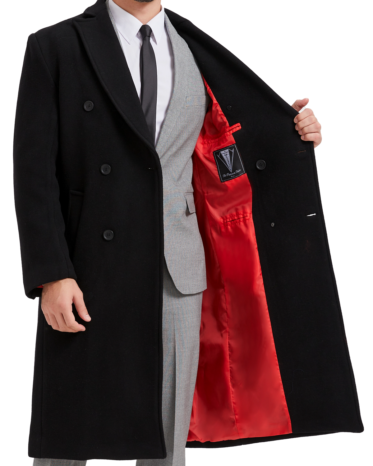 Black Double Breasted Wool Cashmere Long Overcoat Red Lining - The Platinum Tailor