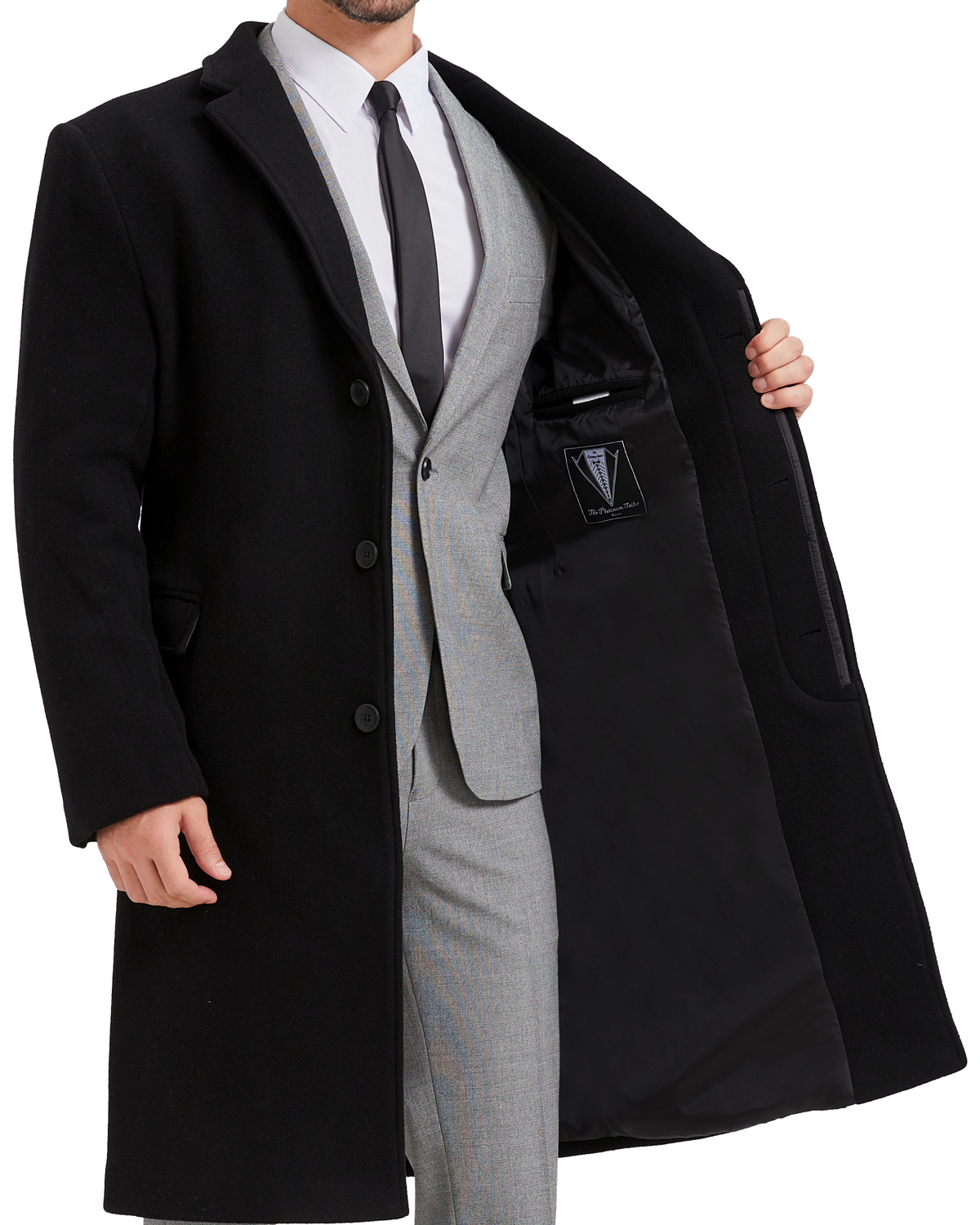 Black Wool Cashmere Bond Overcoat Black Lining - The Platinum Tailor