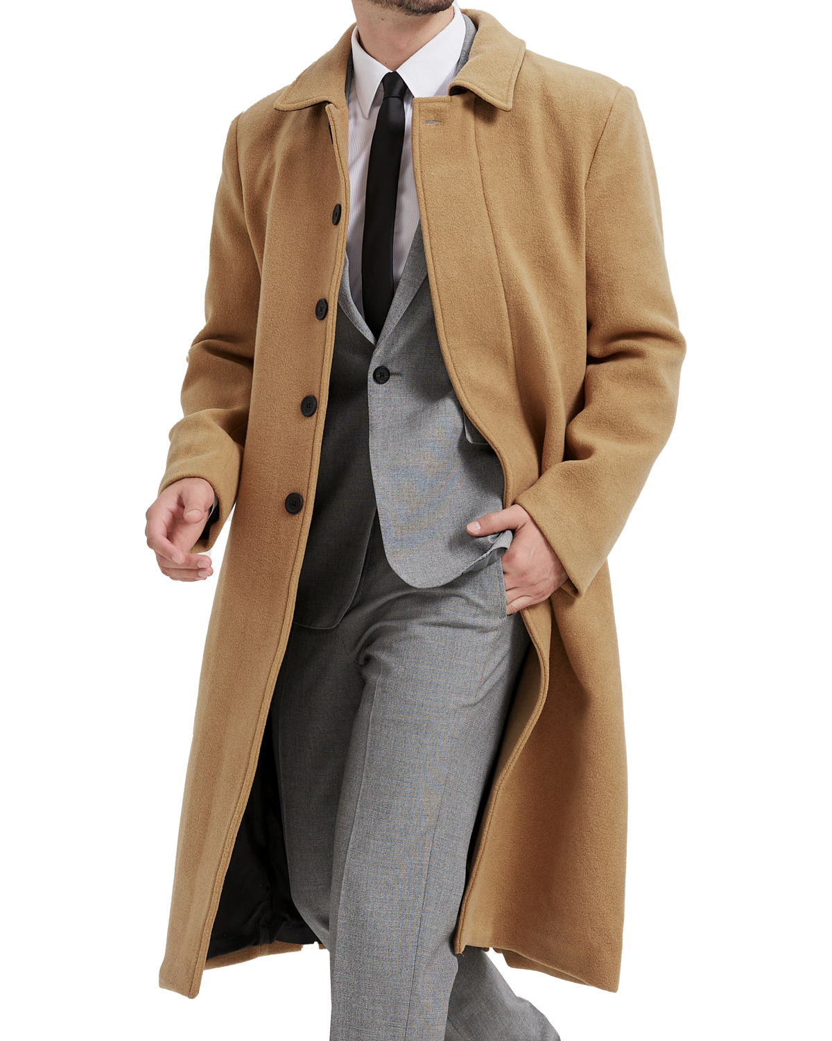 Camel Long Wool Cashmere Overcoat Hidden Buttons - The Platinum Tailor