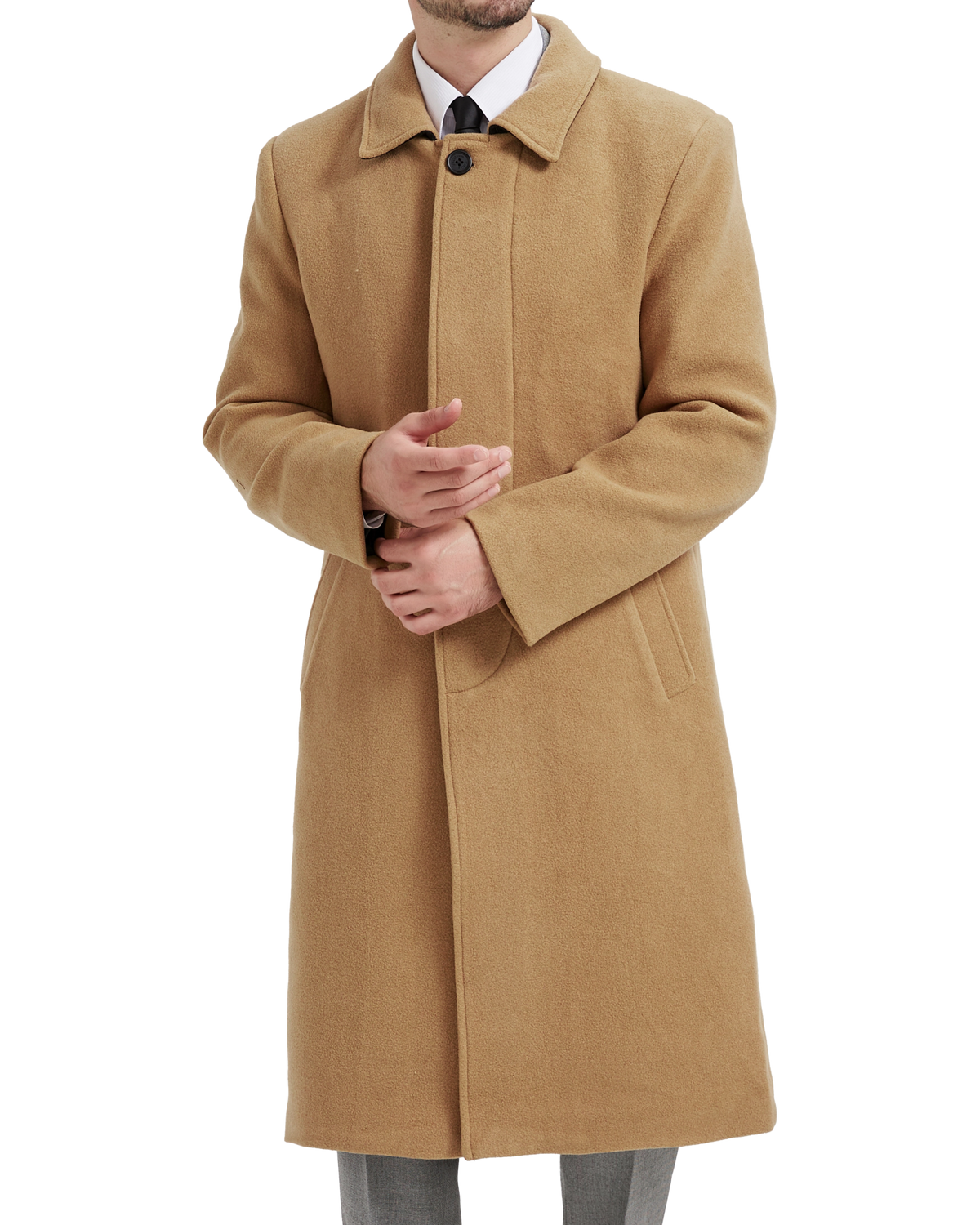 Camel Long Wool Cashmere Overcoat Hidden Buttons - The Platinum Tailor