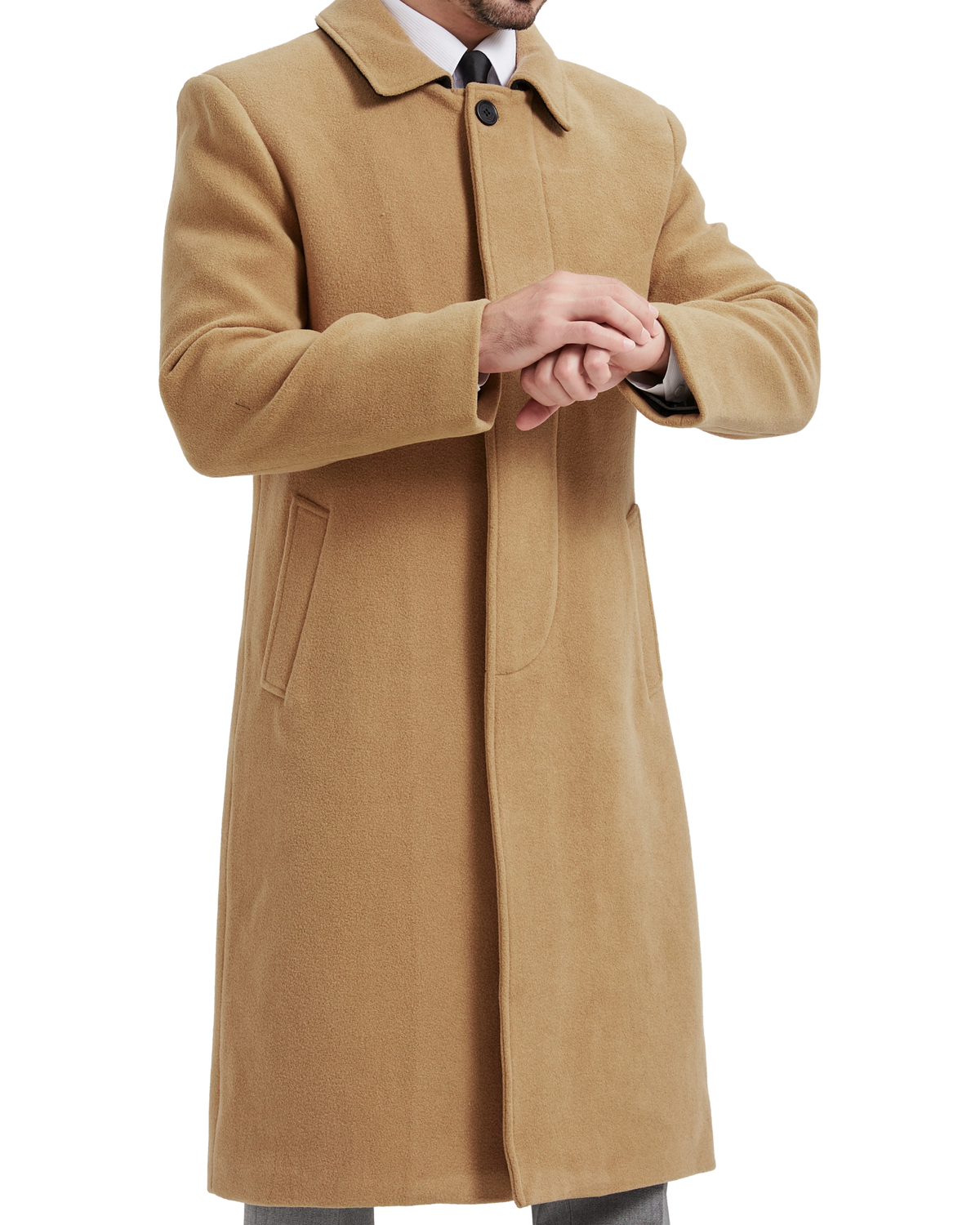 Camel Long Wool Cashmere Overcoat Hidden Buttons - The Platinum Tailor