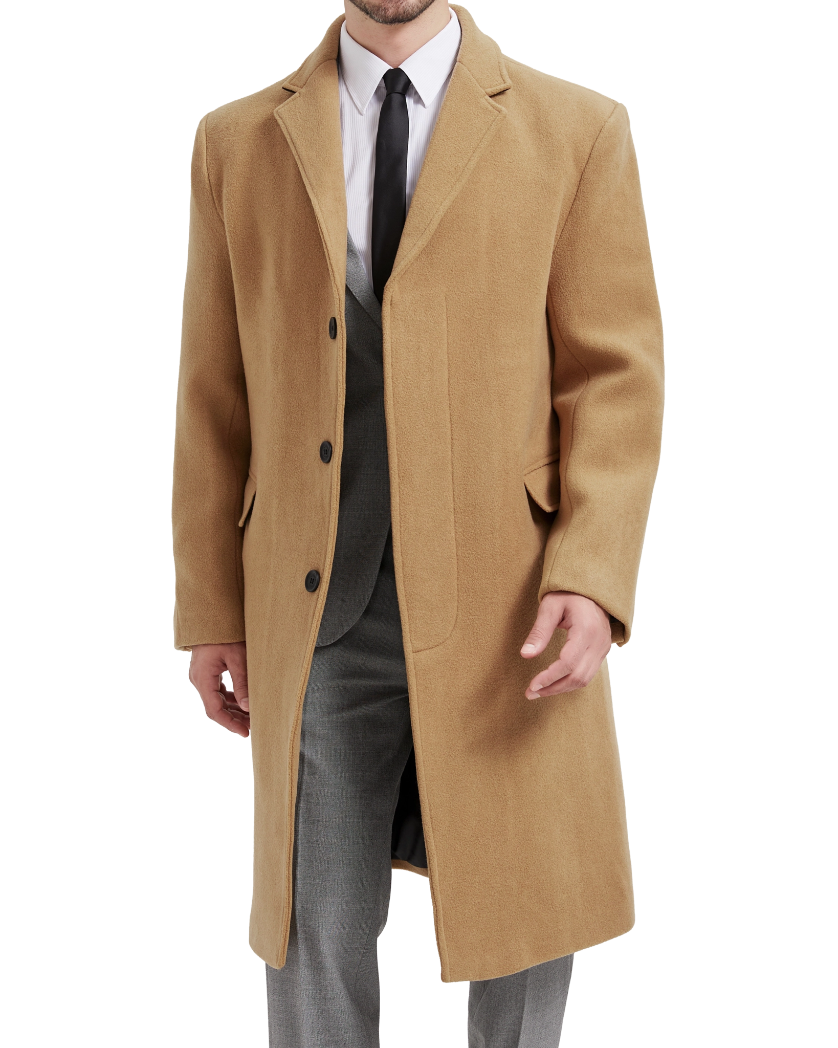 Men's Camel Wool Cashmere Bond Overcoat Single Breasted Black