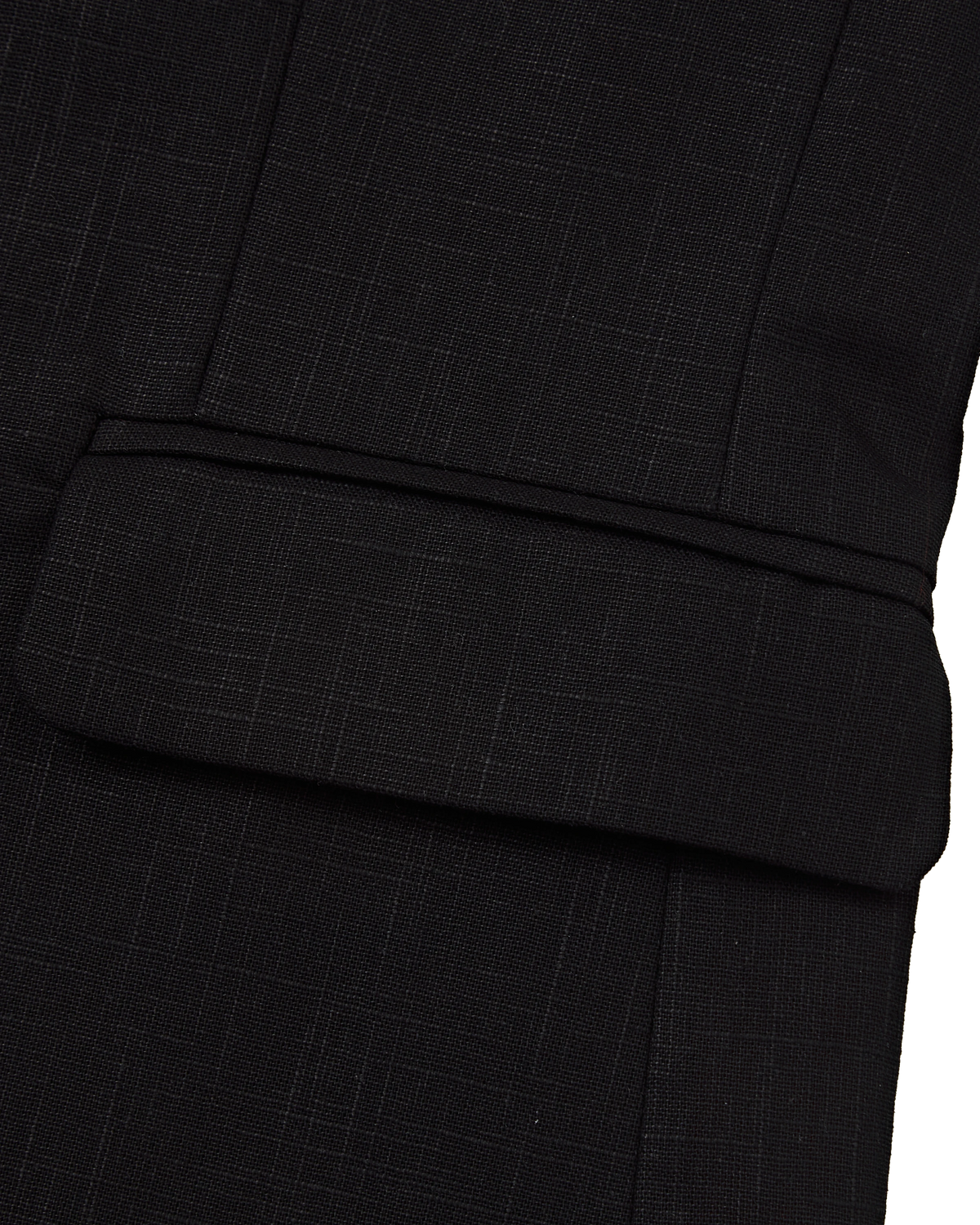 Detail of the flap pocket and linen weave on the black blazer