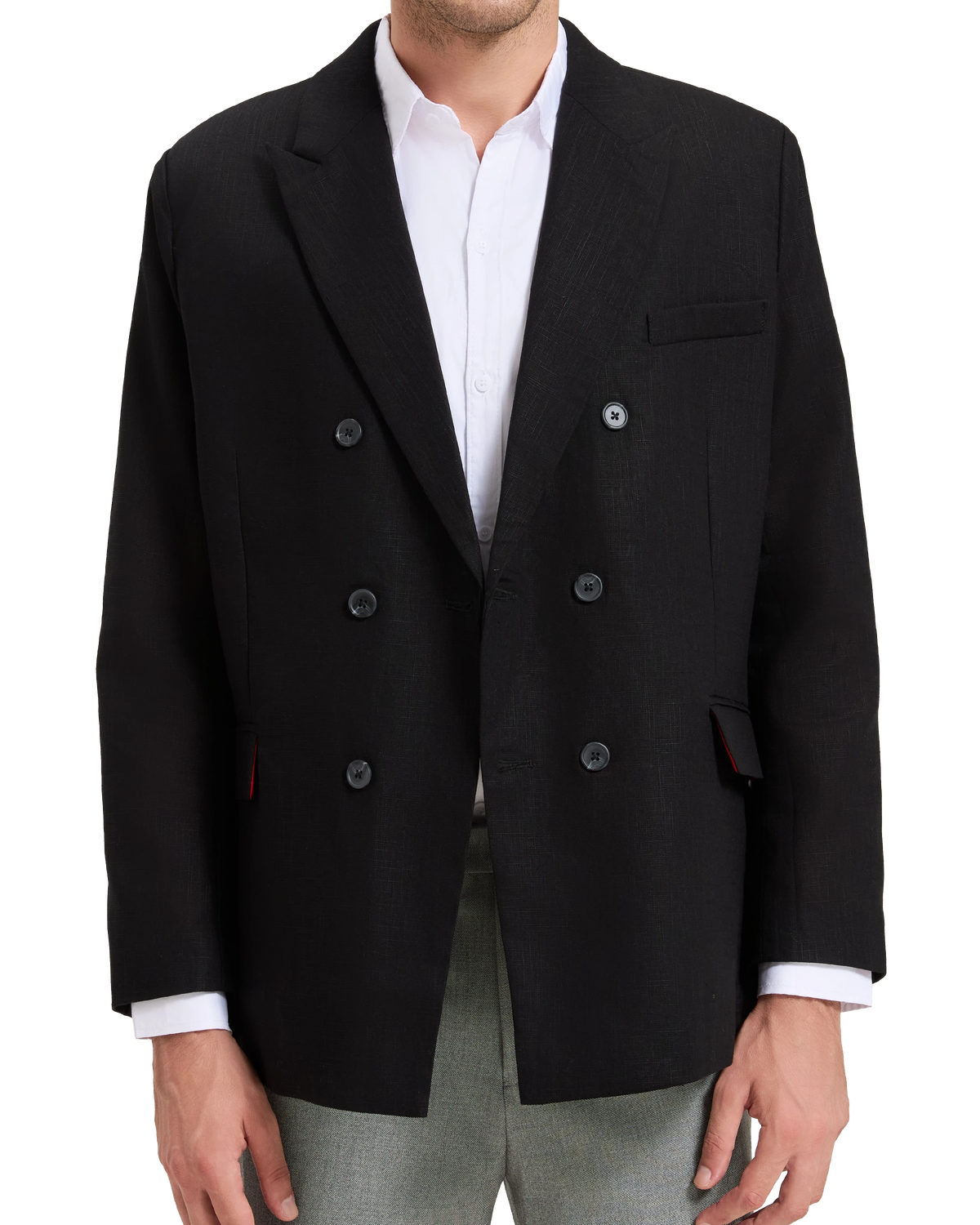 Model wearing the black double breasted linen blazer with grey trousers