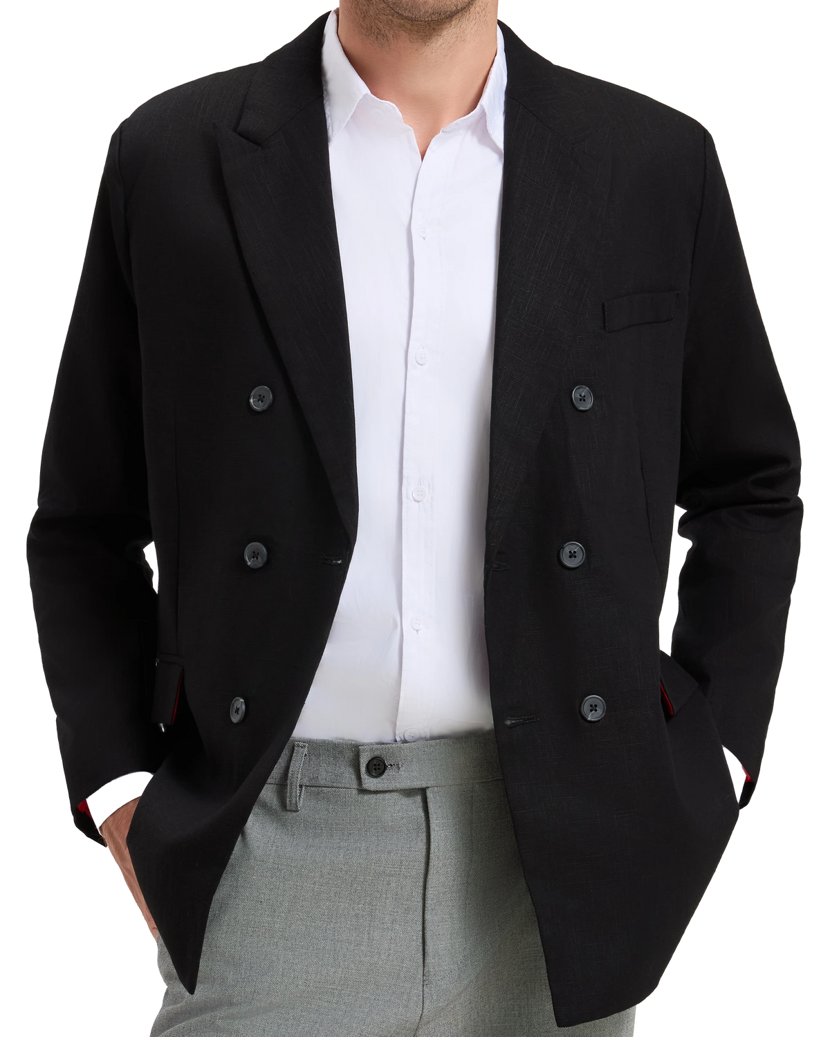 Model adjusting the cuffs of the black double breasted linen blazer