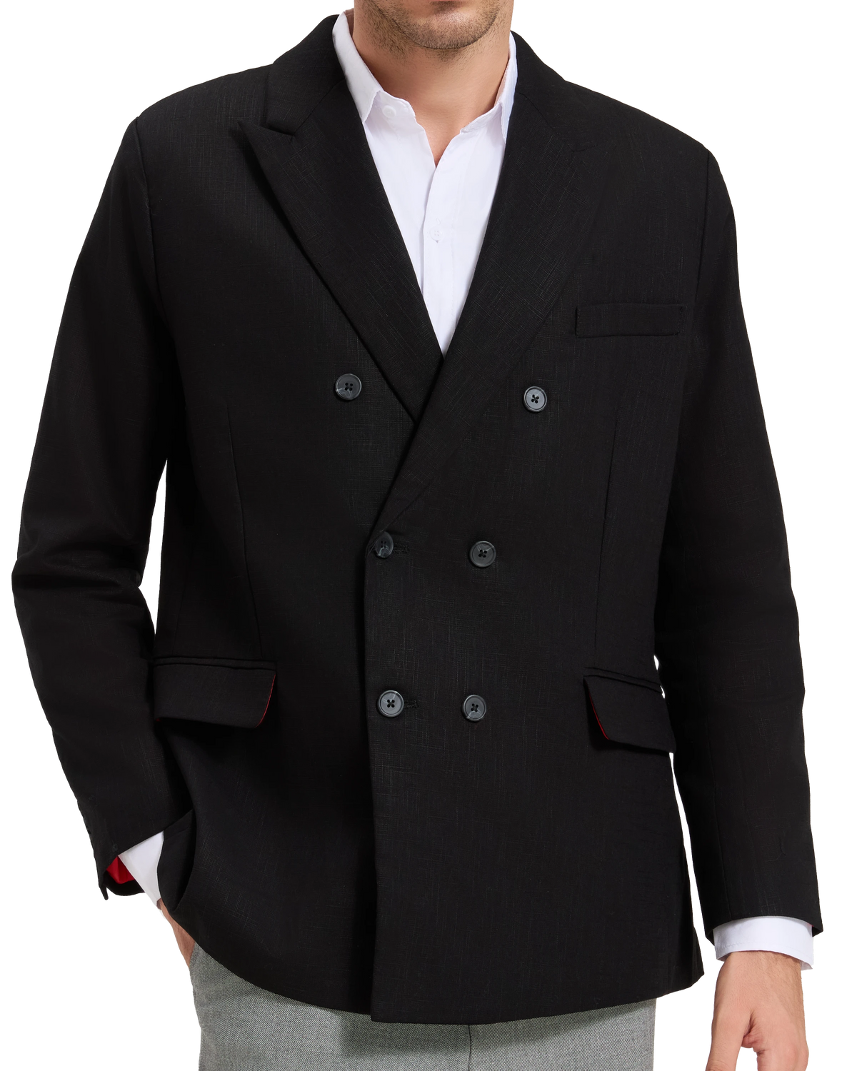 Model wearing the black linen double breasted blazer over a white shirt - The Platinum Tailor