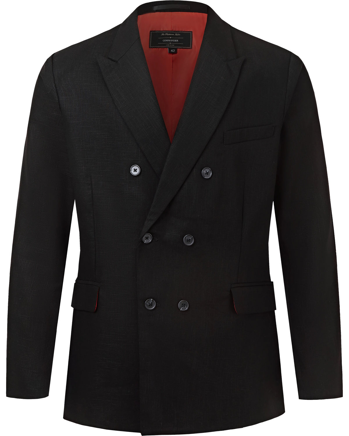 Flat front view of the black double breasted linen blazer with six button fastening and red lining