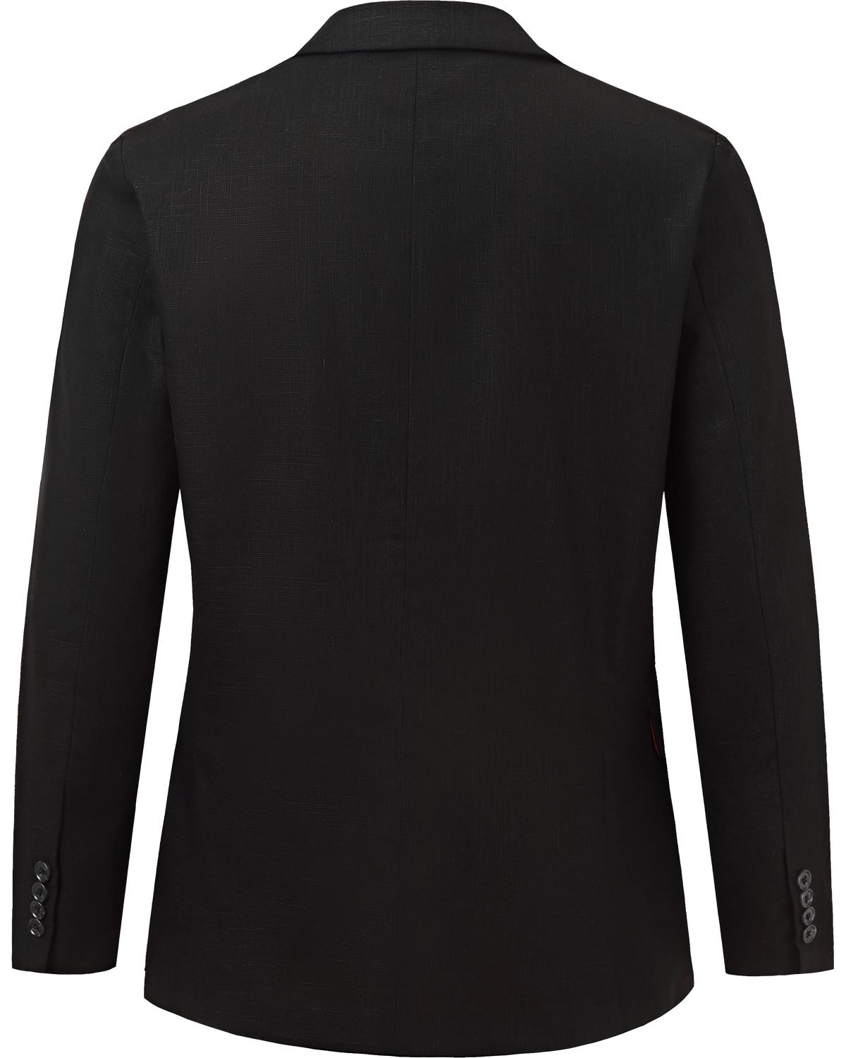 Flat back view of the black linen double breasted blazer