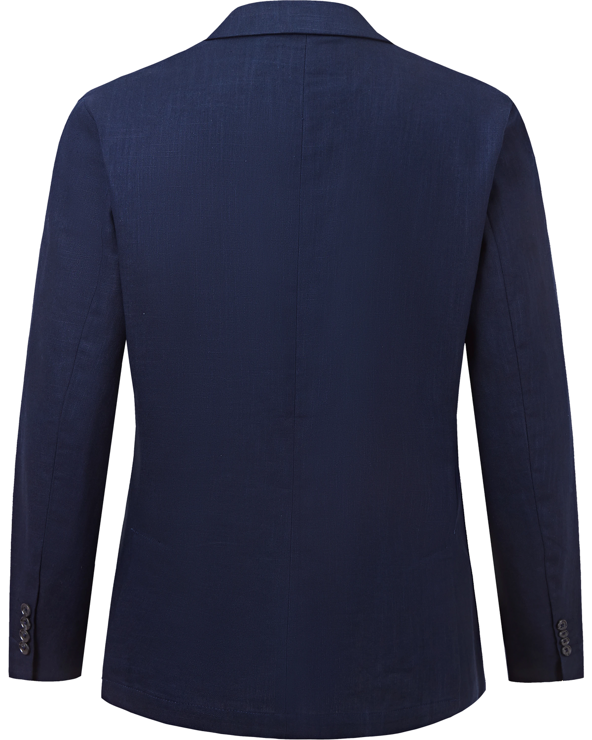 Flat back view of the navy linen single breasted blazer