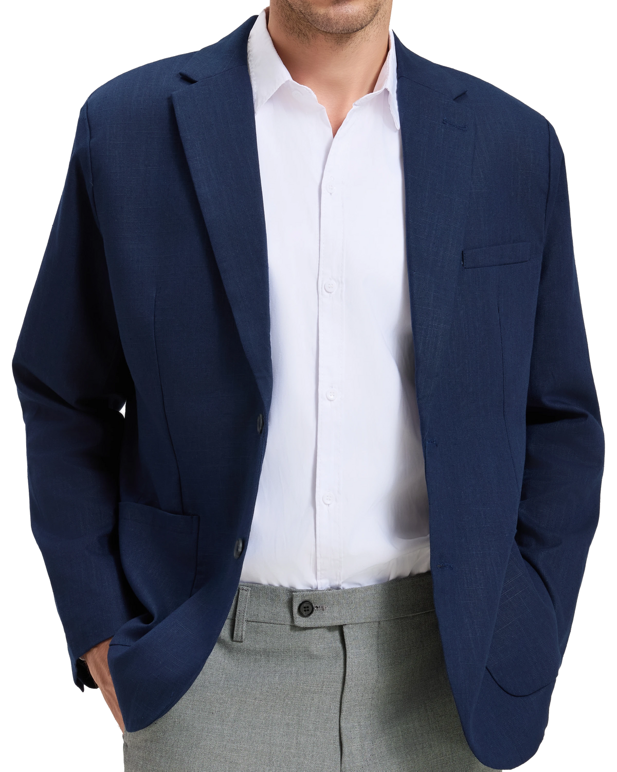 Model wearing the navy linen blazer with a white shirt and light grey trousers