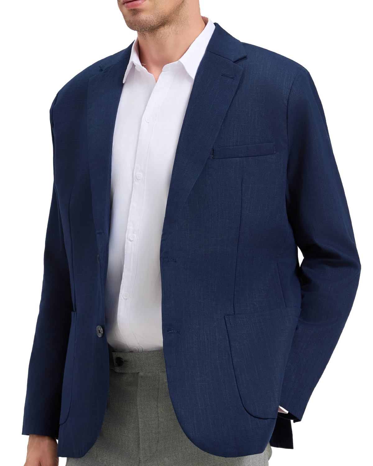 Three quarter front view of the navy linen blazer worn open over a white shirt