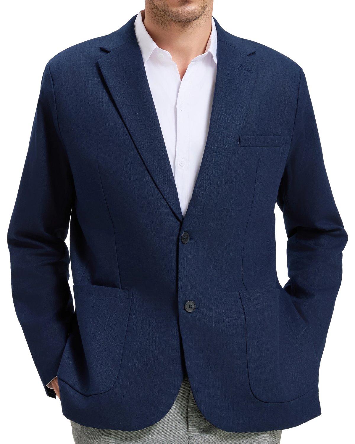 Model wearing the navy linen single breasted blazer open over a white shirt - The Platinum Tailor
