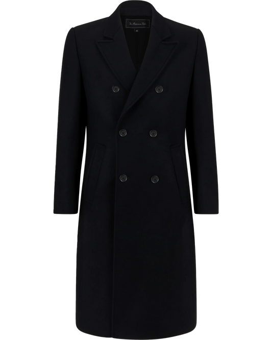 Long black double breasted wool overcoat showing full length