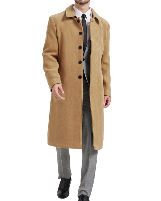 Camel wool overcoat worn in a smart casual outfit