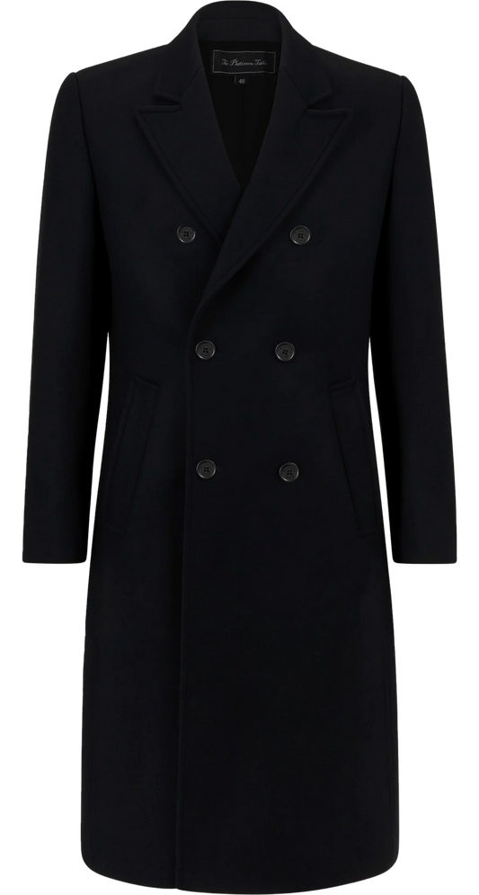 Step Into Elegance with The Platinum Tailor's Black Double Breasted Wool Cashmere Long Overcoat - The Platinum Tailor