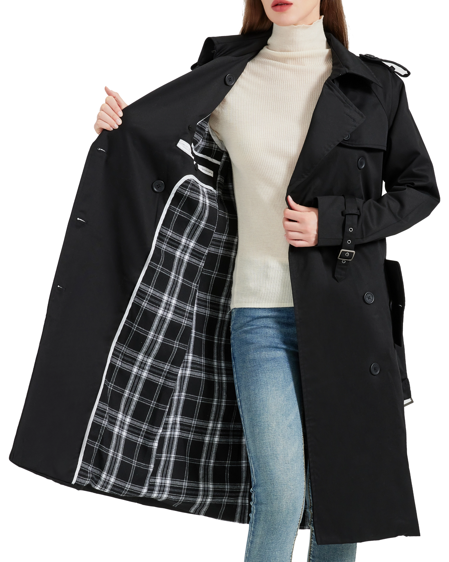 Women's Traditional Black Double Breasted Trench Coat