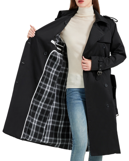 Women's Traditional Black Double Breasted Trench Coat