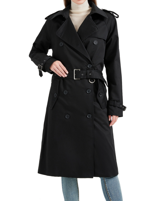 Traditioneller schwarzer zweireihiger Trenchcoat für Damen