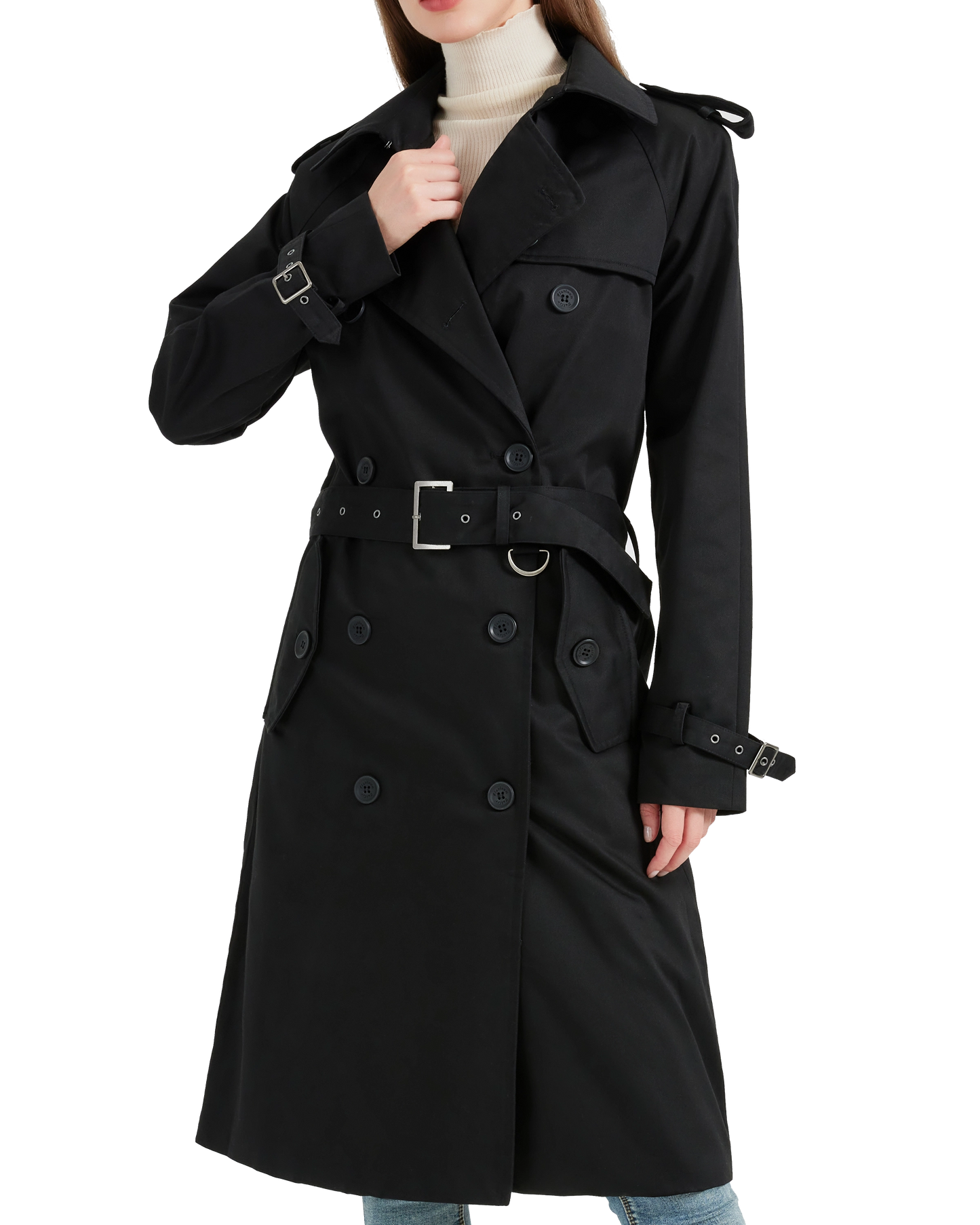 Women's Traditional Black Double Breasted Trench Coat