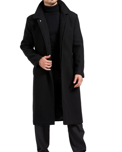 Schwarzer langer Mantel aus Wolle und Kaschmir mit versteckten Knöpfen