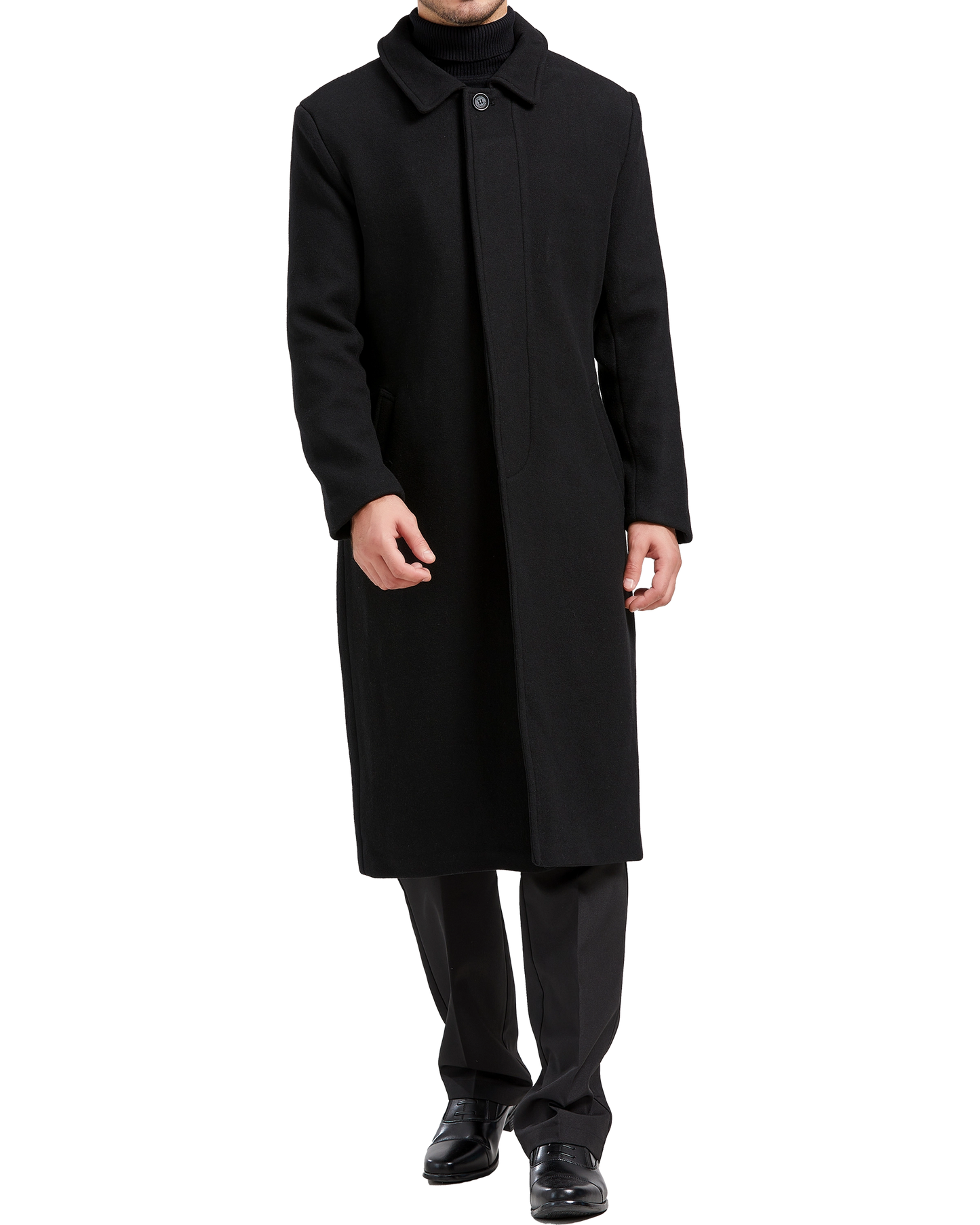 Mens Black Long Wool Cashmere Overcoat Single Breasted Hidden Buttons ...