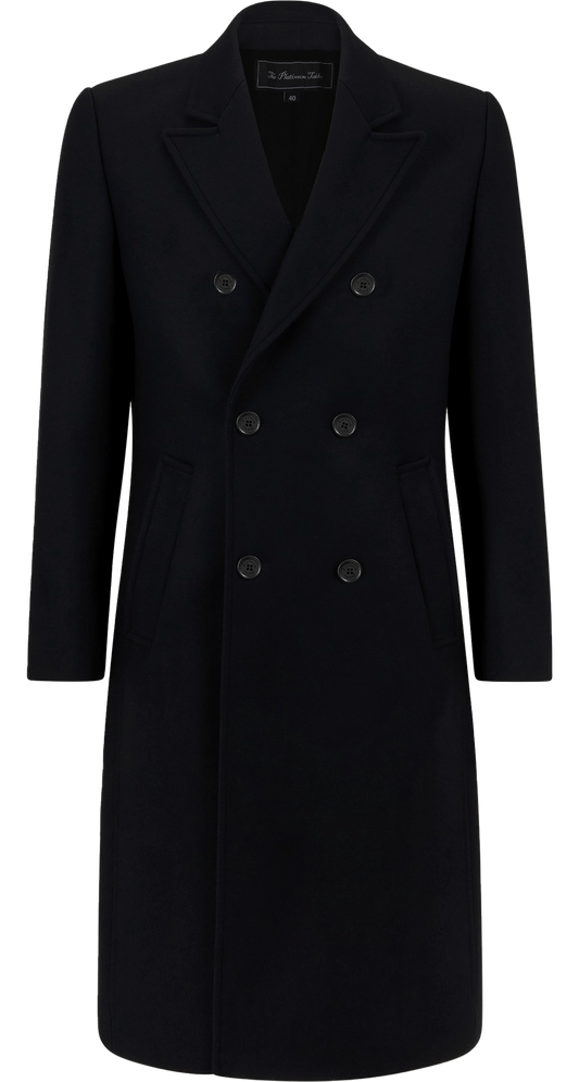 Schwarzer zweireihiger langer Mantel aus Wolle und Kaschmir