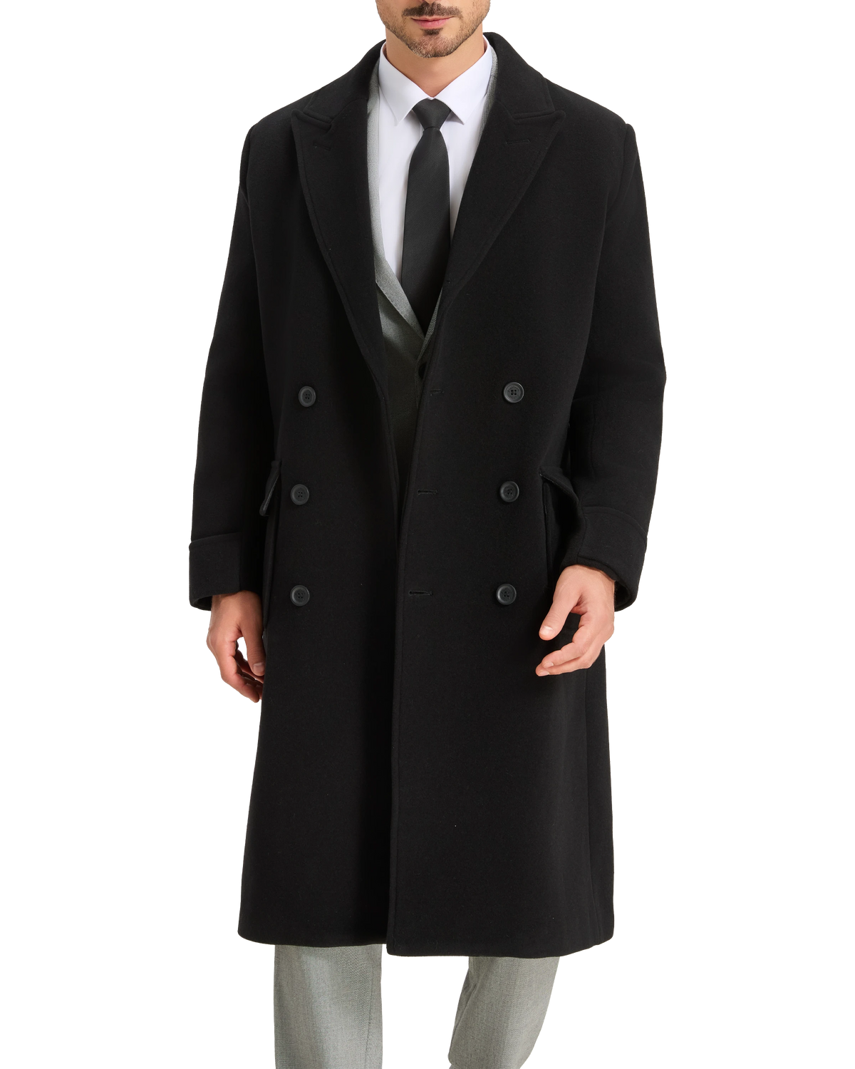 Mens Black Wool Polo Coat Double Breasted Peak Lapel Overcoat