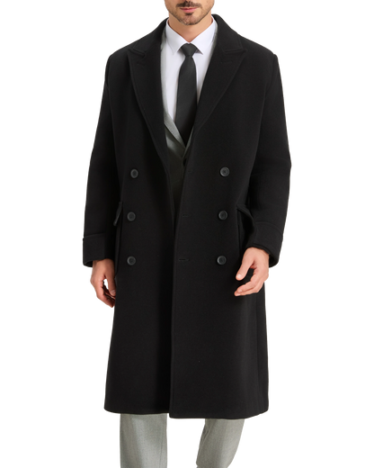 Mens Black Wool Polo Coat Double Breasted Peak Lapel Overcoat