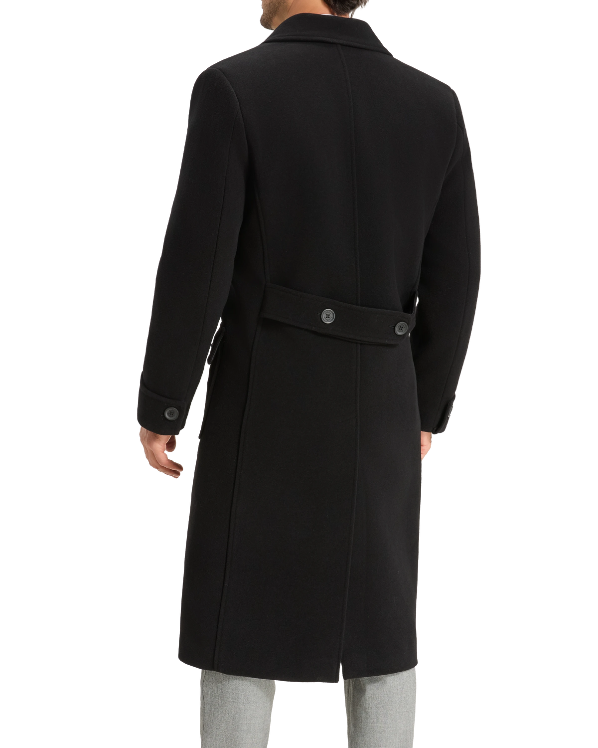 Mens Black Wool Polo Coat Double Breasted Peak Lapel Overcoat
