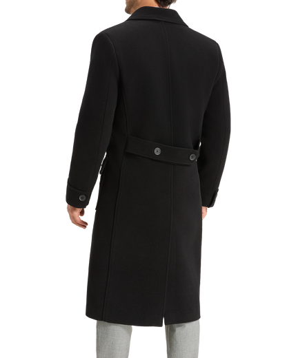 Mens Black Wool Polo Coat Double Breasted Peak Lapel Overcoat